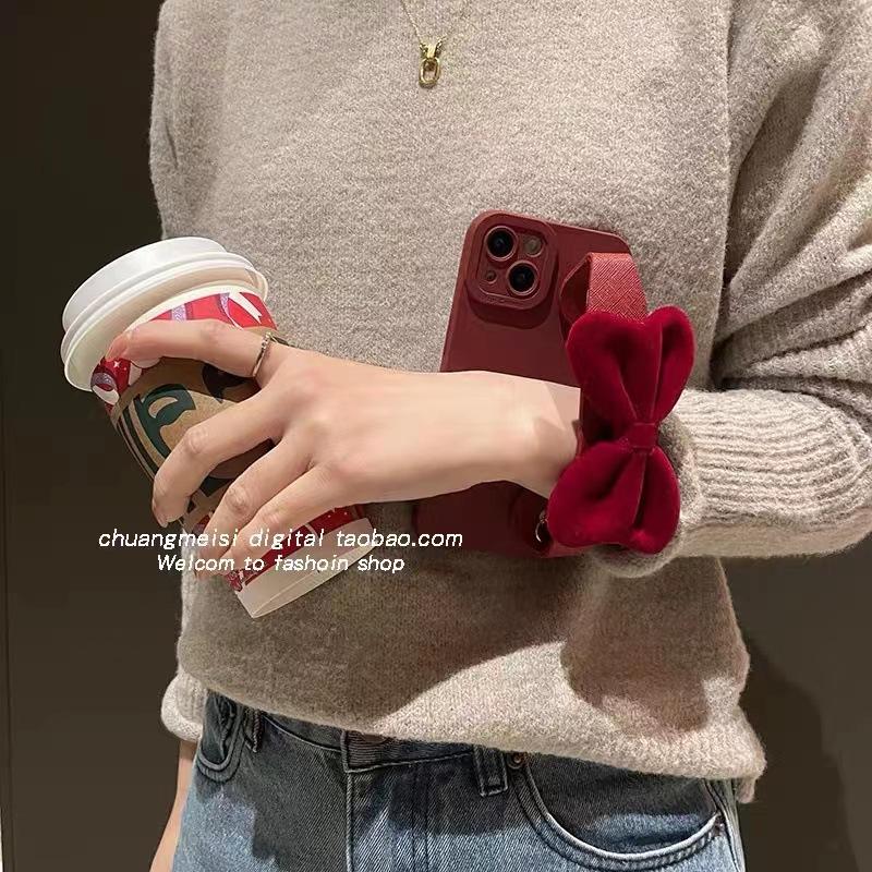 Burgundy Plush Bow Wristband Apple 11Pro Mobile Phone Case 11 Luxury 11 Crossbody iPhone11Pro All Inclusive