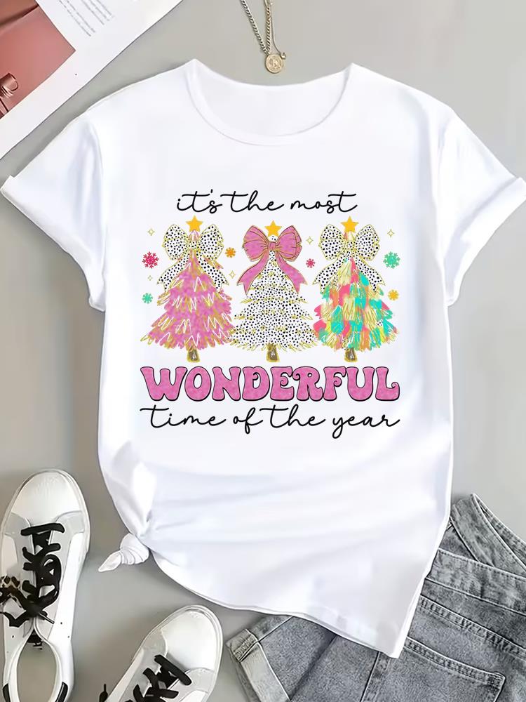 (Asian Size) Watercolor Tree Tee Top Print Christmas New Year Clothing T Shirt Women Fashion Festival Female Woman Short Sleeve Graphic T-shirts