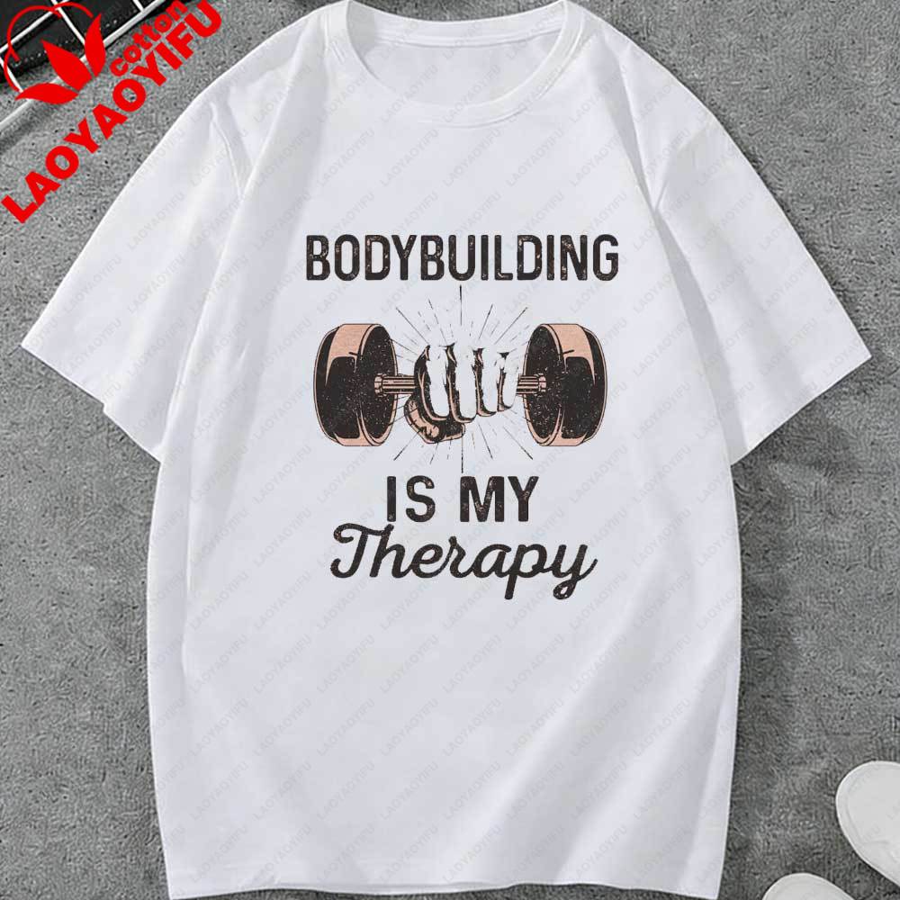 Unisexs Bodybuilding Is My Therapy Gym TShirt Vintage Dumbbell Print Casual Short Sleeve Crew Neck Tee for Fitness Fans Gift