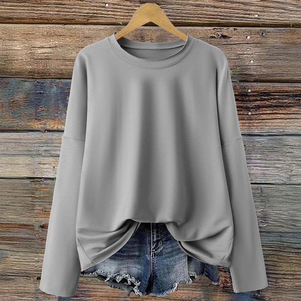 Women's Fashionable Solid Color Round Neck Long Sleeved Sports Casual Pullover Sweatshirt Top