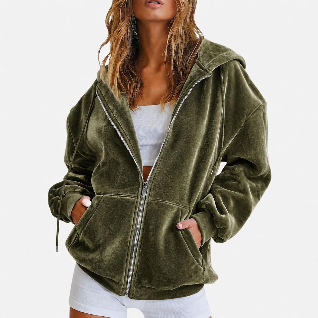 Women Jacket Solid Color Velvet Loose Fit Hooded Sweatshirt Long Sleeve Casual Outerwear Grey Navy Burgundy Zip Up Jacket
