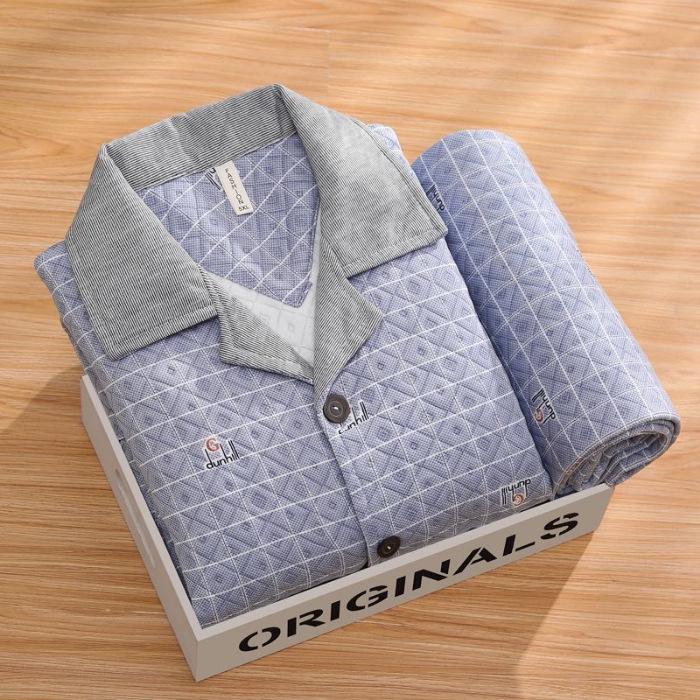 

Мужская хлопковая клетчатая пижама - Кардиган с длинным рукавом, лацкан, большой размер, идеально подходит для осени и зимы. XL (100-120 lbs)