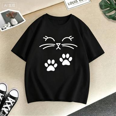 Summer New Cute Cat Animal Print Round Neck Short Sleeved Tee Shirt For Boys And Girls Fashionable And Simple Childrens Tshirt