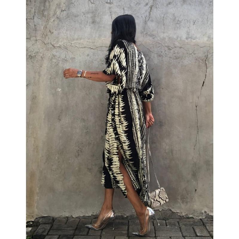Women's Fashion Summer Spring Colour Block Print 1/2 Sleeves V-Neck Loose Waistline Casual Dresses