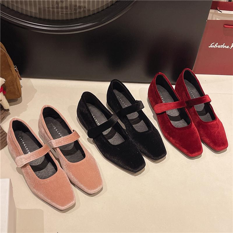 Fashion Spring French Style Square Toe Shallow Mouth Ladies Shoes 2025 New Style with Low Heel Suede Flat Shoes Autumn Women's Shoes