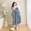2026 Summer Korean Style Maternity T-shirt Dress with Plaid Patchwork - Fake Two-piece Set