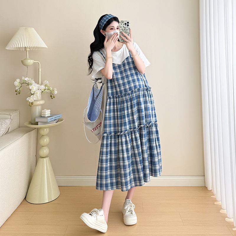 2026 Summer Korean Style Maternity T-shirt Dress with Plaid Patchwork - Fake Two-piece Set