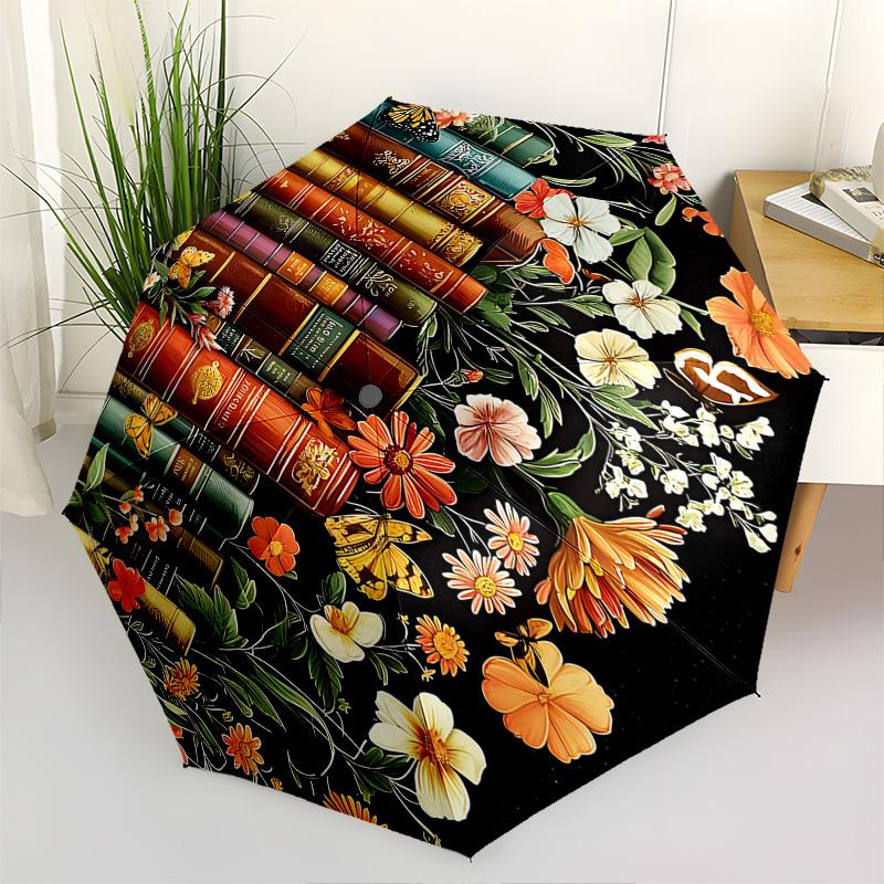 

Books Flowers Themed Automatic Opening and Closing Umbrella, Brightly Colored 8-rib Portable Umbrella, Suitable for Men and Women, A Perfect