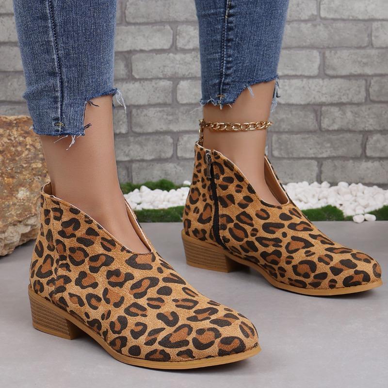 Evropské a americké Velké velikosti Silný podpatek Kulatá špička Leopardí potisk Krátké boty Dámské Tenké V-výstřih Plochá podrážka Jednobarevné Semišové Holé boty