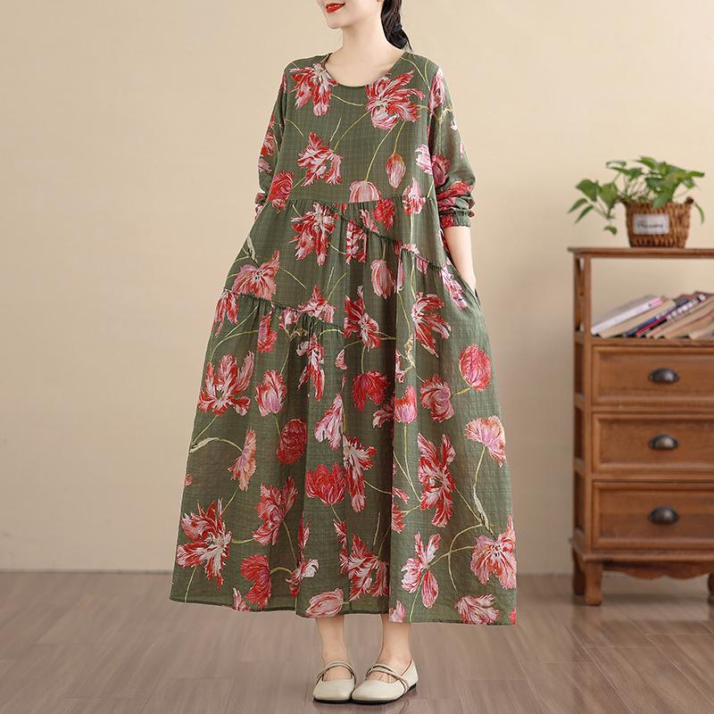 DIMANAF New 2026 Women Vintage Plus Size Spring Summer Long Dress Loose Oversize Long Sleeve Maxi Floral Print