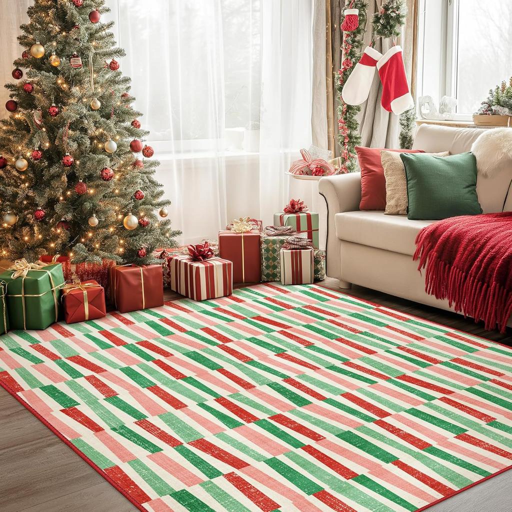 Christmas Santa Reindeer Snowflake Gift Red Green Festive Carpet Soft Non-slip Mat Rug for Living Room Home Decoration Durable