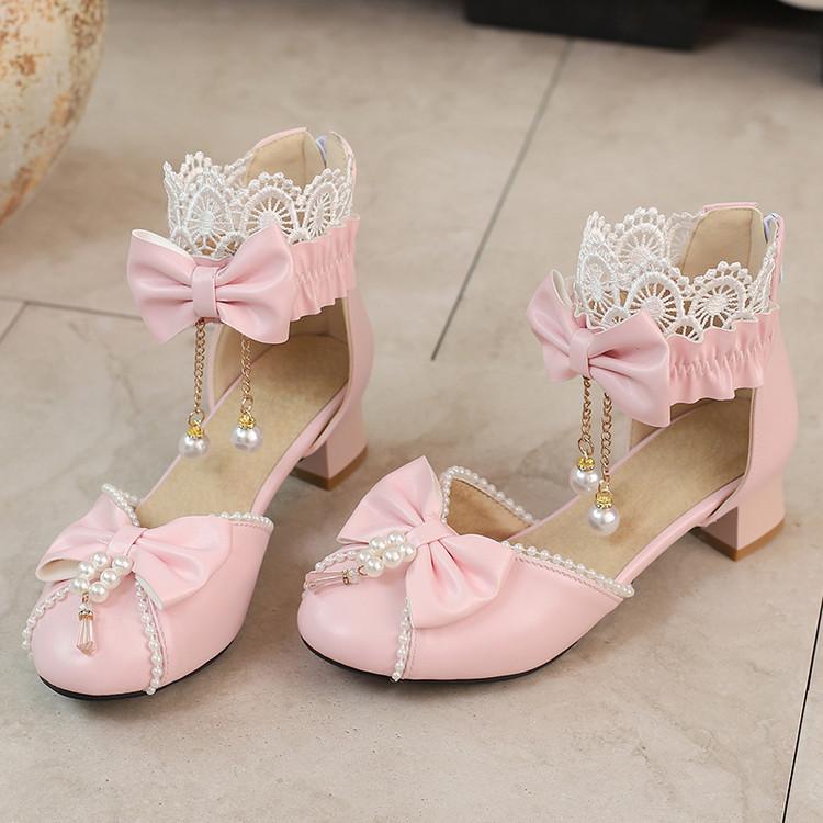 

New Chinese low-heeled girl student baotou, national style cool boots, bow, sweet lace loli COS Hanfu women s shoes 39 розовый