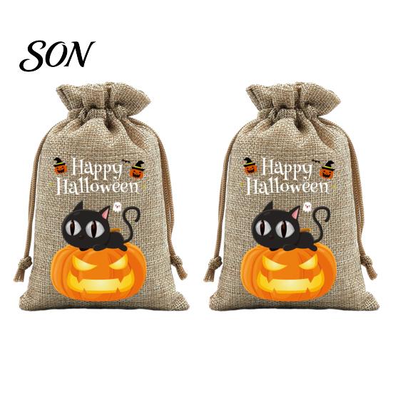 Lightweight Candy Carriers 2Pcs Halloween Pumpkin Drawstring Bags for Treats, Retro Burlap Pattern Party Favors Trick or Treat Bags, Portable