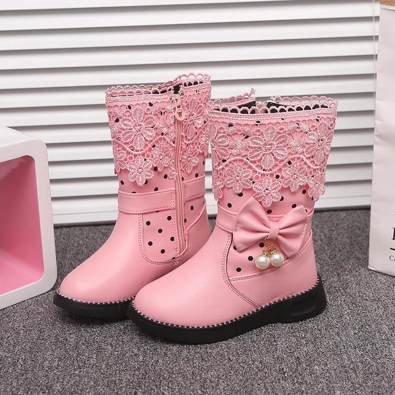 Children Fashion Leather Boots Versatile Lace Beautiful Elegant Princess Shoes PU Cotton Kids Shoes Classic Boots Drop Shipping
