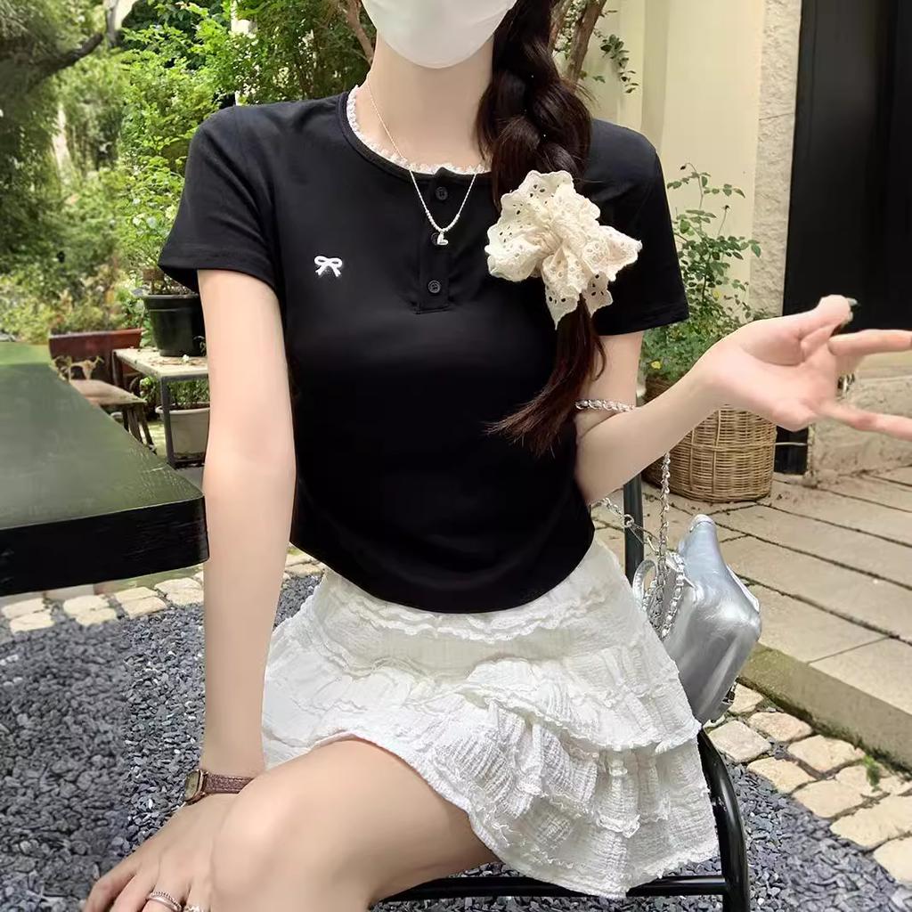 Gray Lace Front Shoulder Short-sleeved T-shirt Women's Summer New Pleated Card Waist Bow Short Top