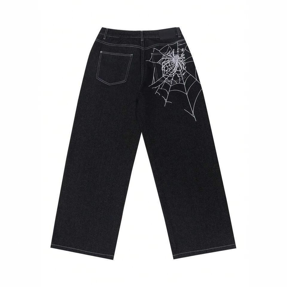 Trendy Brand Spider Web Embroidery Loose Straight Jeans Men's Personality Street Jeans Cotton