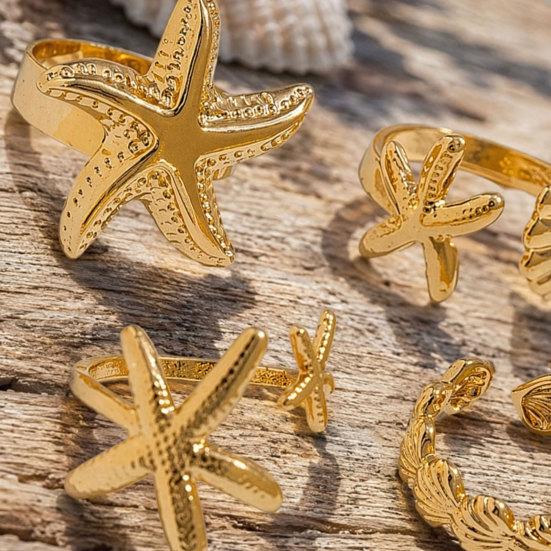 4Pcs Ocean Style Ring Set, Adjustable Open Rings, Gold Plated Starfish Seashell Rings, Dainty Summer Beach Jewelry Gifts for Women