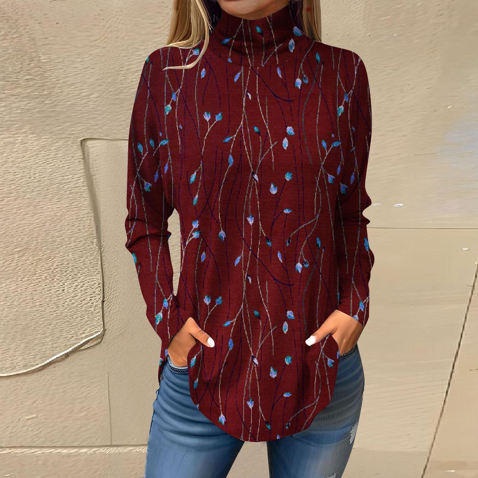 

Футболки для женщин, осенние повседневные рубашки с длинными рукавами, толстовка с винтажным принтом, топ с высоким воротом, пуловер