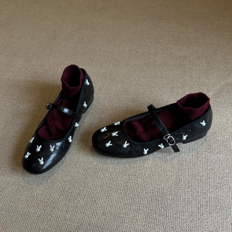 Sheepskin version~ Pearl rabbit word with Mary Jane shoes women's retro shallow mouth leather flat shoes