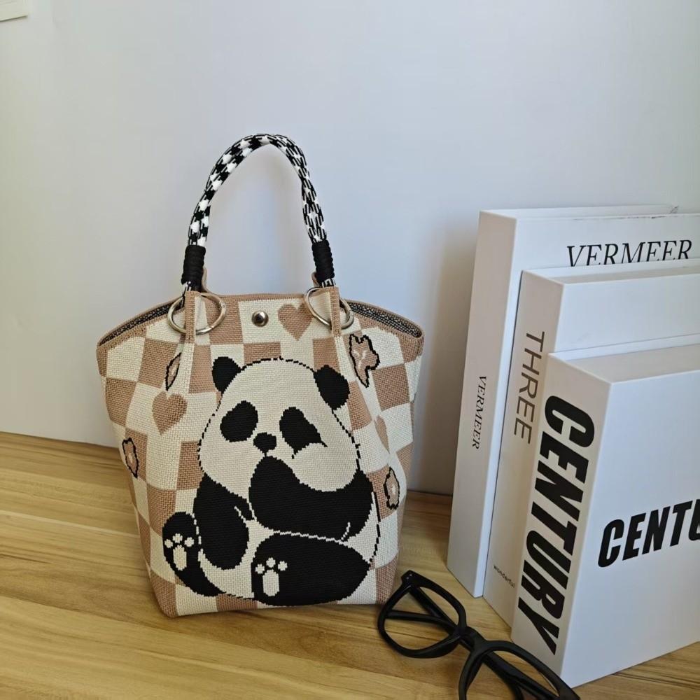 Fashion Cute Cartoon Panda Handbag Knitted Large Capacity Tote Bag Portable Multi-functional Bucket Bag Women хаки