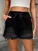 Women's Elastic Drawstring Mid Rise Straight Denim Shorts Non Stretch Frayed Hem Washed Casual Bermuda Shorts