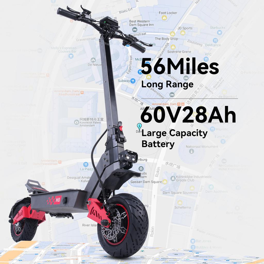 FREEBOY H8 Geländetaugliches Elektroroller für Erwachsene 60V 28AH Akku Max. 90KM Reichweite 80KM/H 11 Zoll Reifen Vorder- und Hinterrad Doppelfederung Doppelscheibenbremssystem