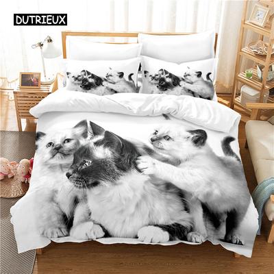 Juego de cama con diseño de gato, funda nórdica, estampado digital 3D, tamaño Queen, diseño moderno