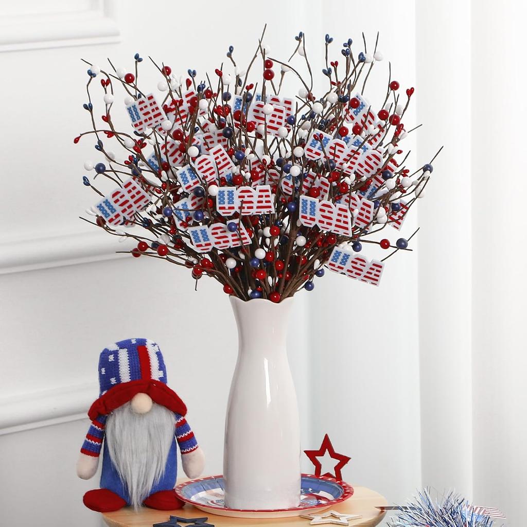 4 Pcs 4th of July Decorations Patriotic Artificial Berry Stem Picks White Blue Red Pearls and American Flags for Independence Day Memorial Day, Home