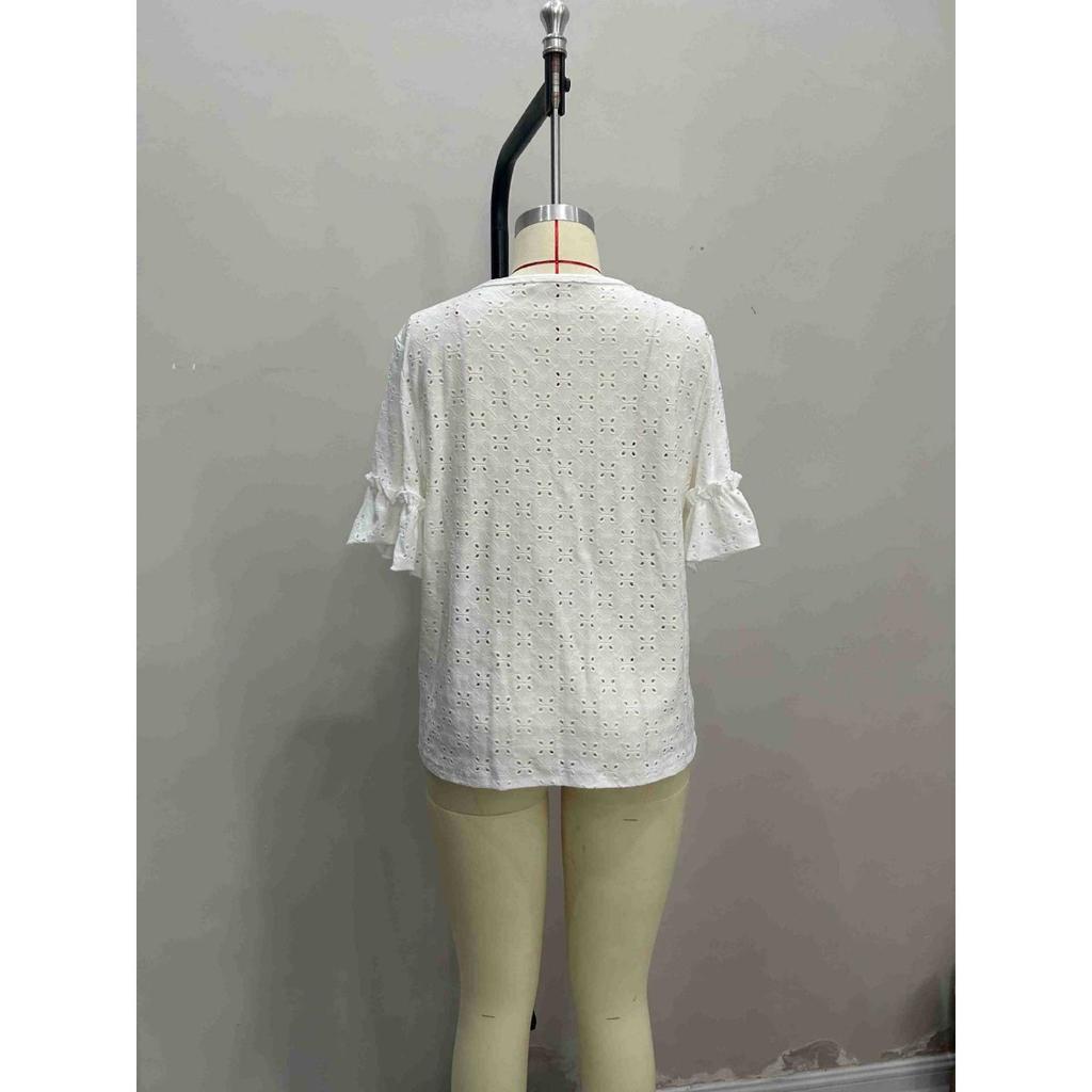 Women's Knit Embroidery Hollow Ruffle V-Neck Short Sleeve Top Women T-Shirt Women