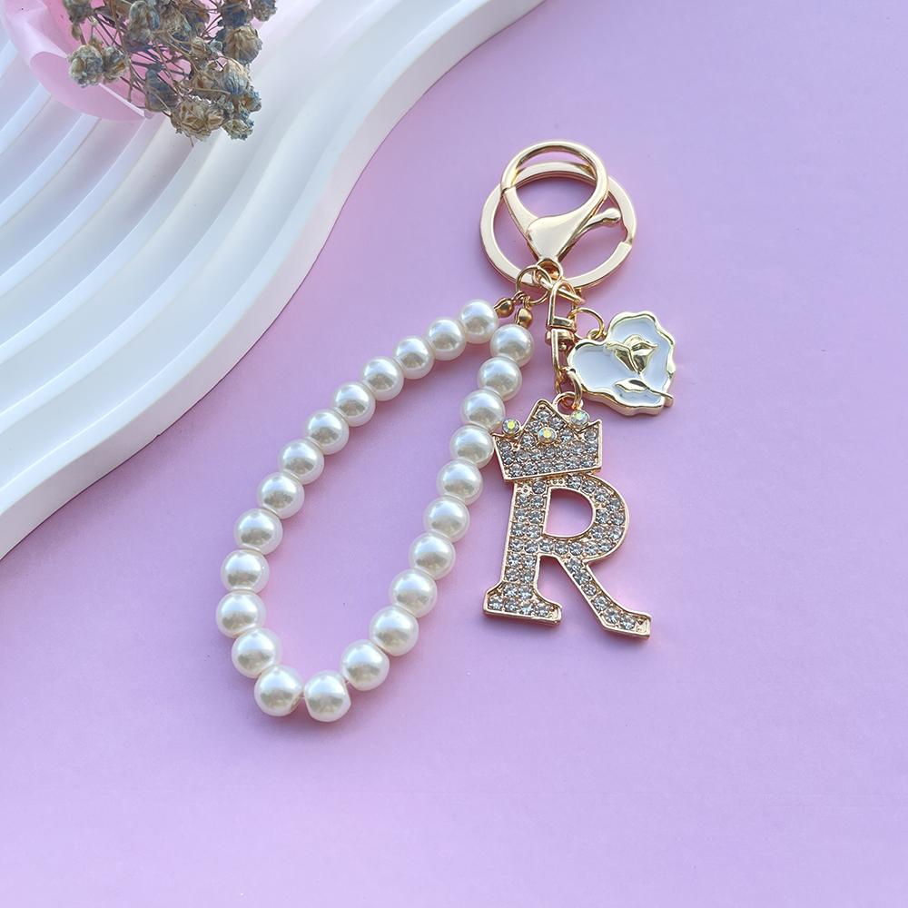 Boutique Crown A-Z 26 Initial Letters Rose Keyring Crystal Faux Pearl Resin Beaded Keychain Bag Pendant Women Girl Gifts Jewelry