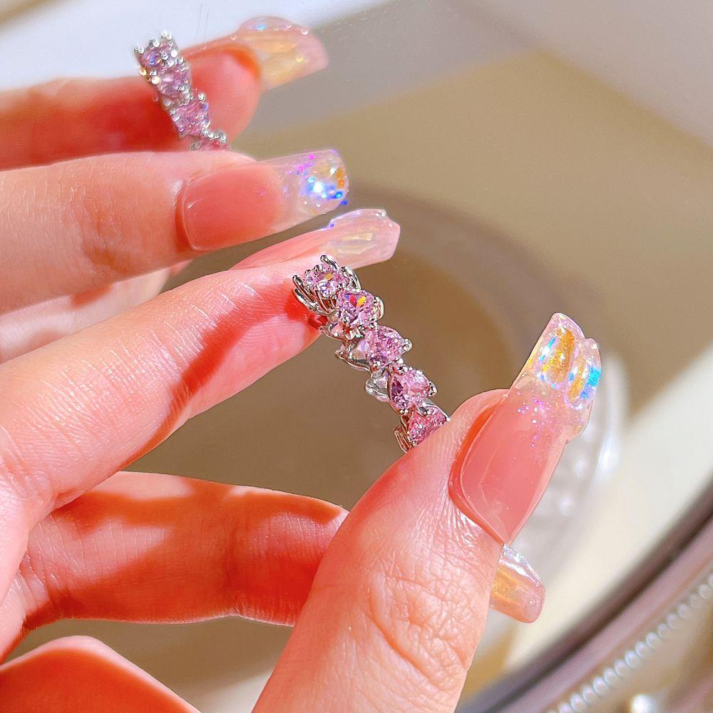 Y2K Pink Crystal Irregular Heart Ring Vintage Shiny Zircon Opal Love Open Ring for Women Kpop Punk Girl Party Jewelry Gifts 2023