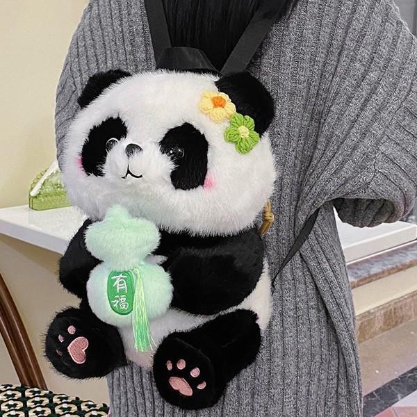 Cute panda flower backpack female cartoon hug rich apple plush bag lightweight backpack travel small backpack