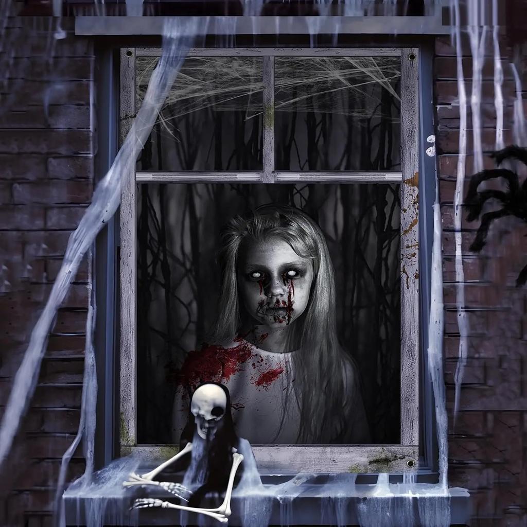 Halloween Bloody Ghost Window Backdrop Creepy Phantom Haunted House Indoor Outdoor Yard Pub Booth Spooky Horror Party Decor