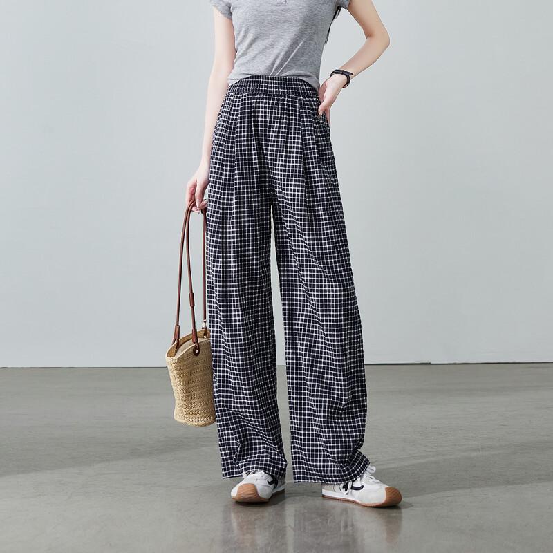 SOFSIL Women's High-Waist Plaid Wide-Leg Pants