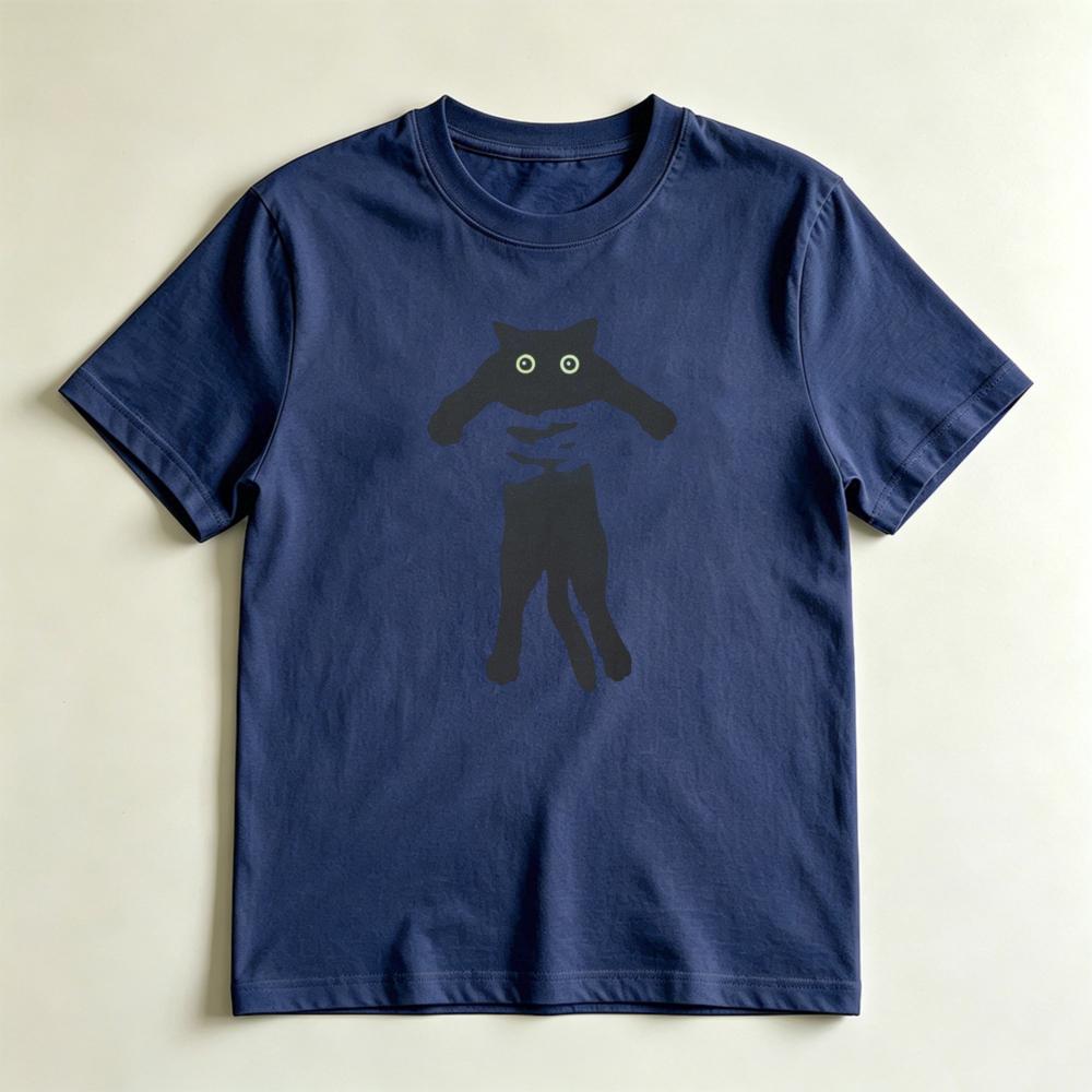 Funny Minimalist Hand Holding Black Cat Print Tshirt Unisex Cute Cartoon Animal Silhouette Casual Loose Cotton Short Sleeve Tee