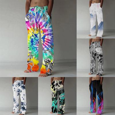 Men's Casual Loose And Comfortable Casual Pants Cotton Linen Printed Drawstring Trousers