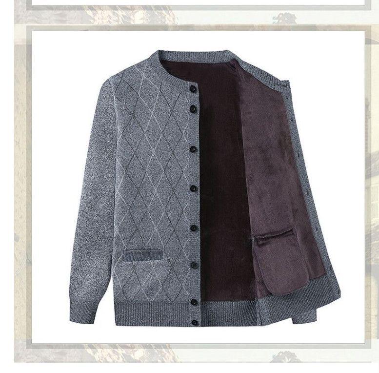Men's Thickened Knit Cardigan - Warm, Velvet-Lined Sweater for Middle-Aged and Elderly, Perfect for Autumn and Winter.