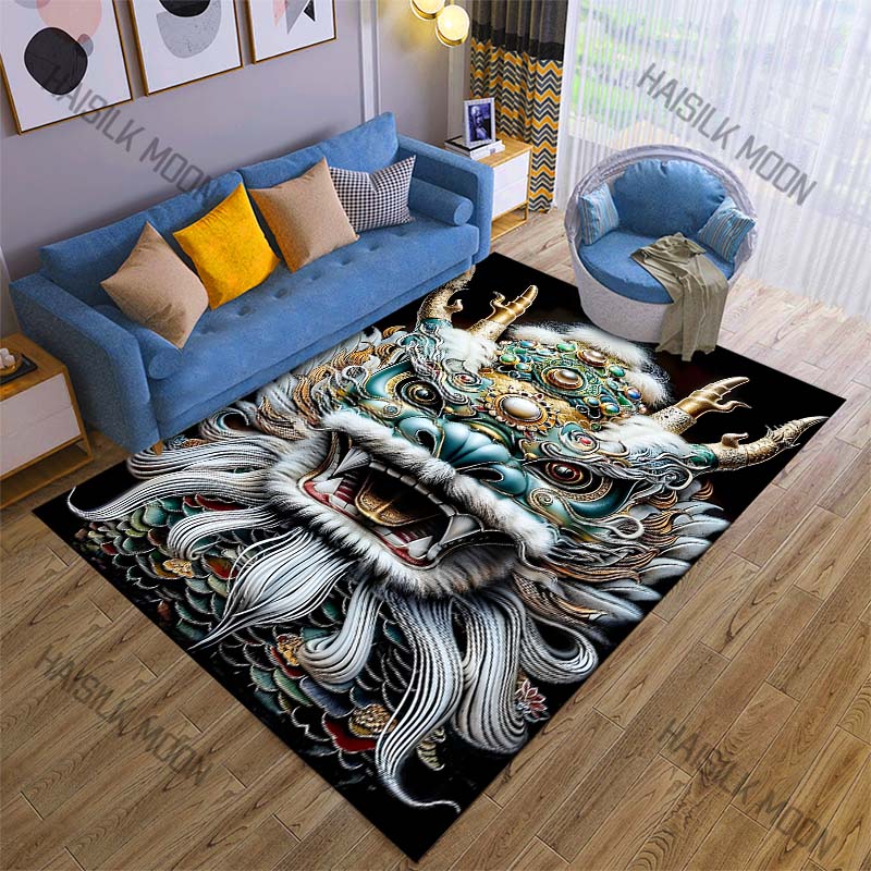 Oriental Dragon Head Print Cartoon Carpet Rug for Living Room Bedroom Sofa Decor Kids Play Home Area Rug Non-slip Mat