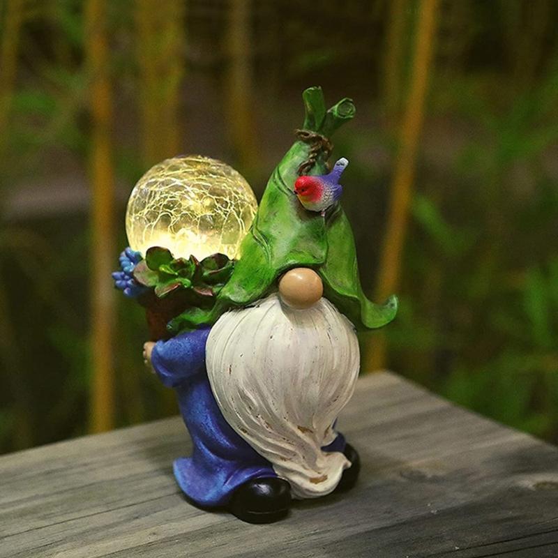 Outdoor Resins Gnomes Statue with LED Lighted Crack Ball Solar Powered Santa Figurine Ornament for Garden Patios Decors