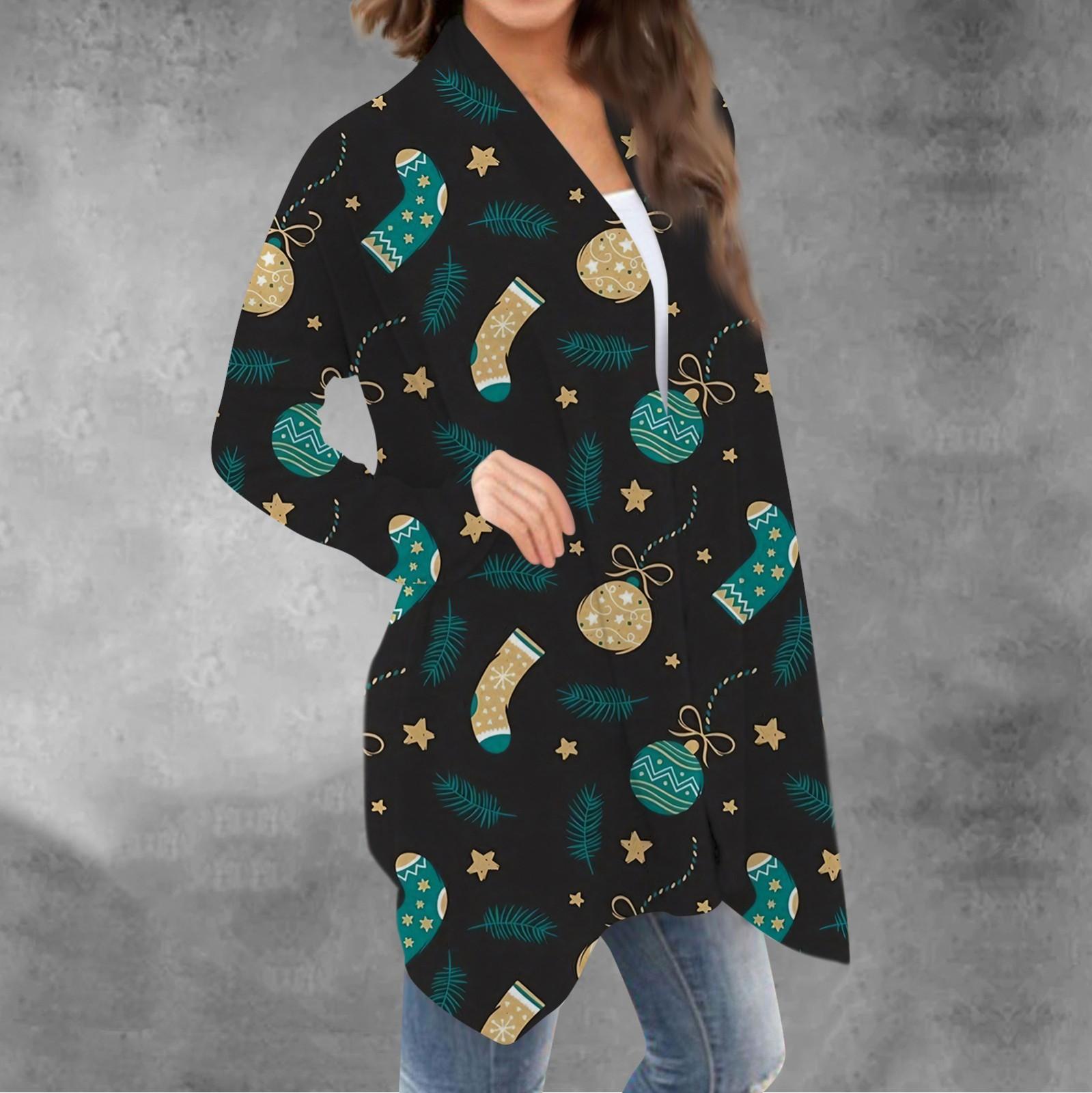 

Женский повседневный кардиган с длинными рукавами и рождественским принтом без верхнего пальто M циан