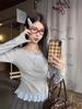 Gray Two-Piece Style Long Sleeve Shoulder Stitch T-Shirt - Women's Slim Fit Short Top for Spring