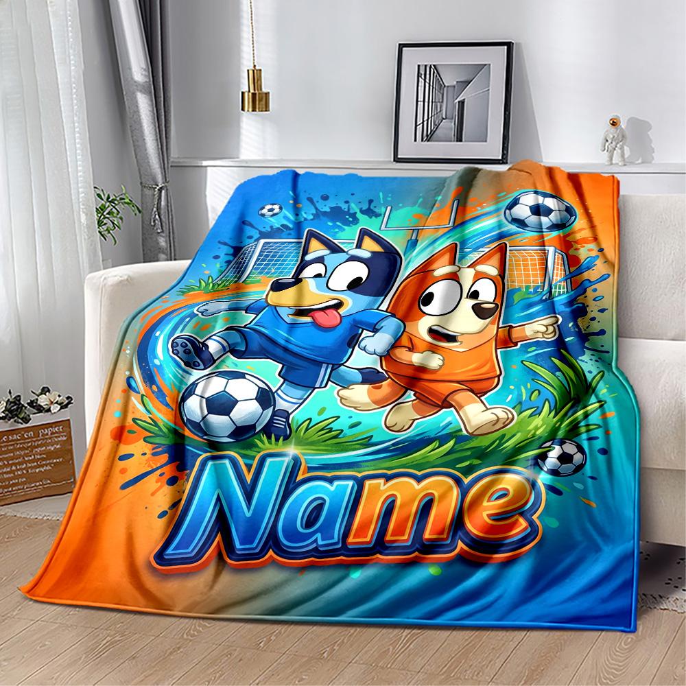 Bluey's Soccer Fun Personalized Name Blanket Cozy Customizable Blanket Ultra-Soft Versatile for Home Decor Chair Office Livingroom for All Occasions
