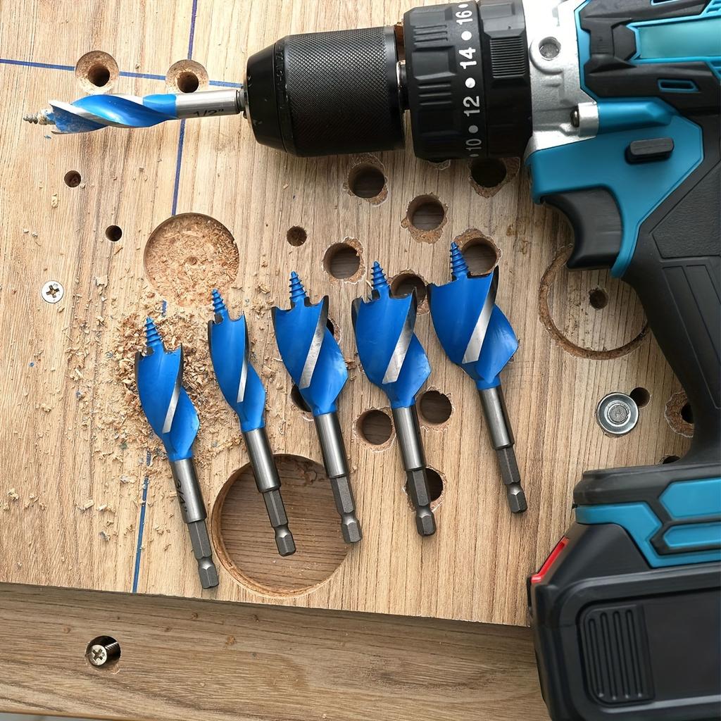 New 6-piece Woodworking Drill Set,Four Slots and Four Blades, Hexagonal Handle, for Door Lock, Drawer, Hole Drilling