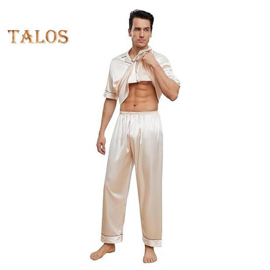 2-teiliges Pyjama-Set für Herren aus Seidensatin mit Reverskragen und Button-Down-Pyjamaoberteil mit Brusttasche, elastischer Bund und Hose, Nachtwäsche