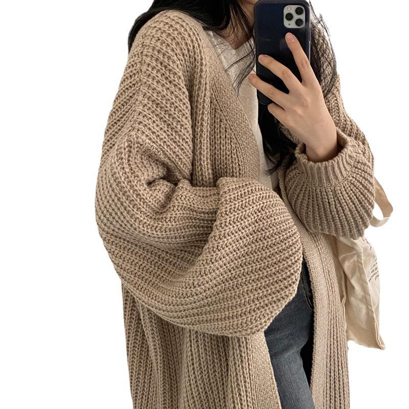 2024 Autumn/Winter Women's Korean Ribbed Knit Cardigan with Lantern Sleeves - Solid Color, Lazy Style Trend
