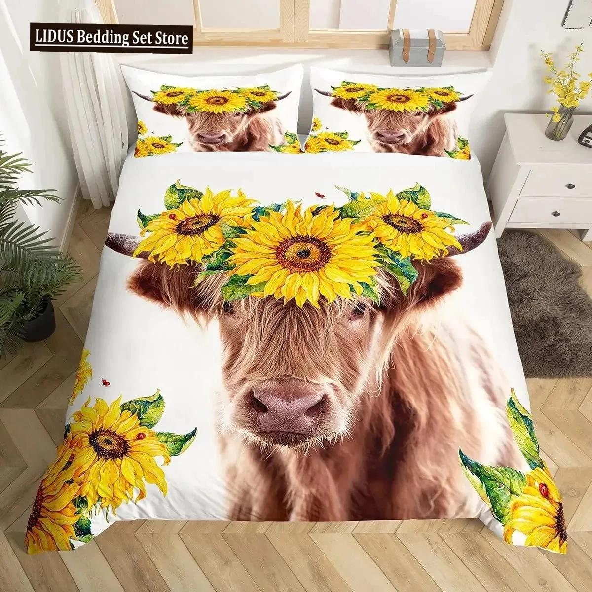 

Highlplus Catle Soft Duvet Cover Set Lovely Floral Cow Twin Beding Set Yelow Sunflower Warm Comforter Cover Animal Polyester Comfortable Quilt Cover 135*200cm Eu-Single