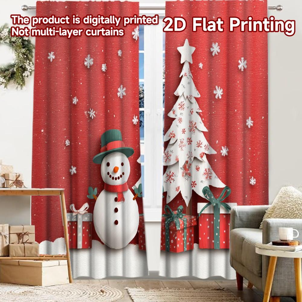 2pcs, 2D FLAT PRINTING Curtains (Without Rod) Snowy Festivity Christmas Holiday Curtains Semi-Sheer Curtains Versatile All