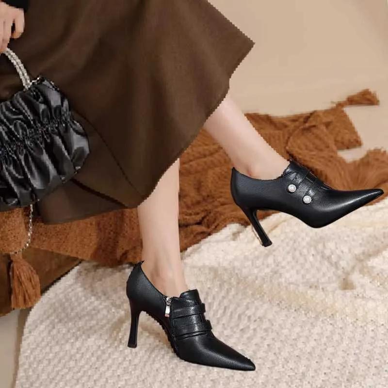 2025Bare Stiefel Damen High Heels Kleiderschuhe Doppelperlen Stiefeletten Neuer Designer Winter Herbst Knöchelstiefel Reißverschluss Spitzschuh Pumps