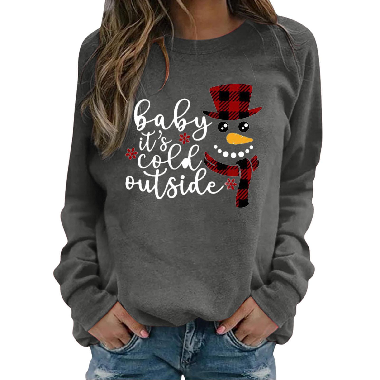 

Толстовка с круглым вырезом и рождественским принтом, женская осенне-зимняя свободная повседневная футболка с длинными рукавами, женский пуловер большого размера XL серый