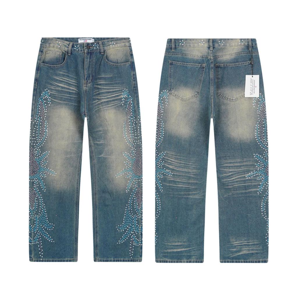Grenzüberschreitender Beauty-Trend VALE Amerikanische High Street Hip-Hop Heiße Diamant-Sprüh-Pferd-Weide Gerade Jeanshose